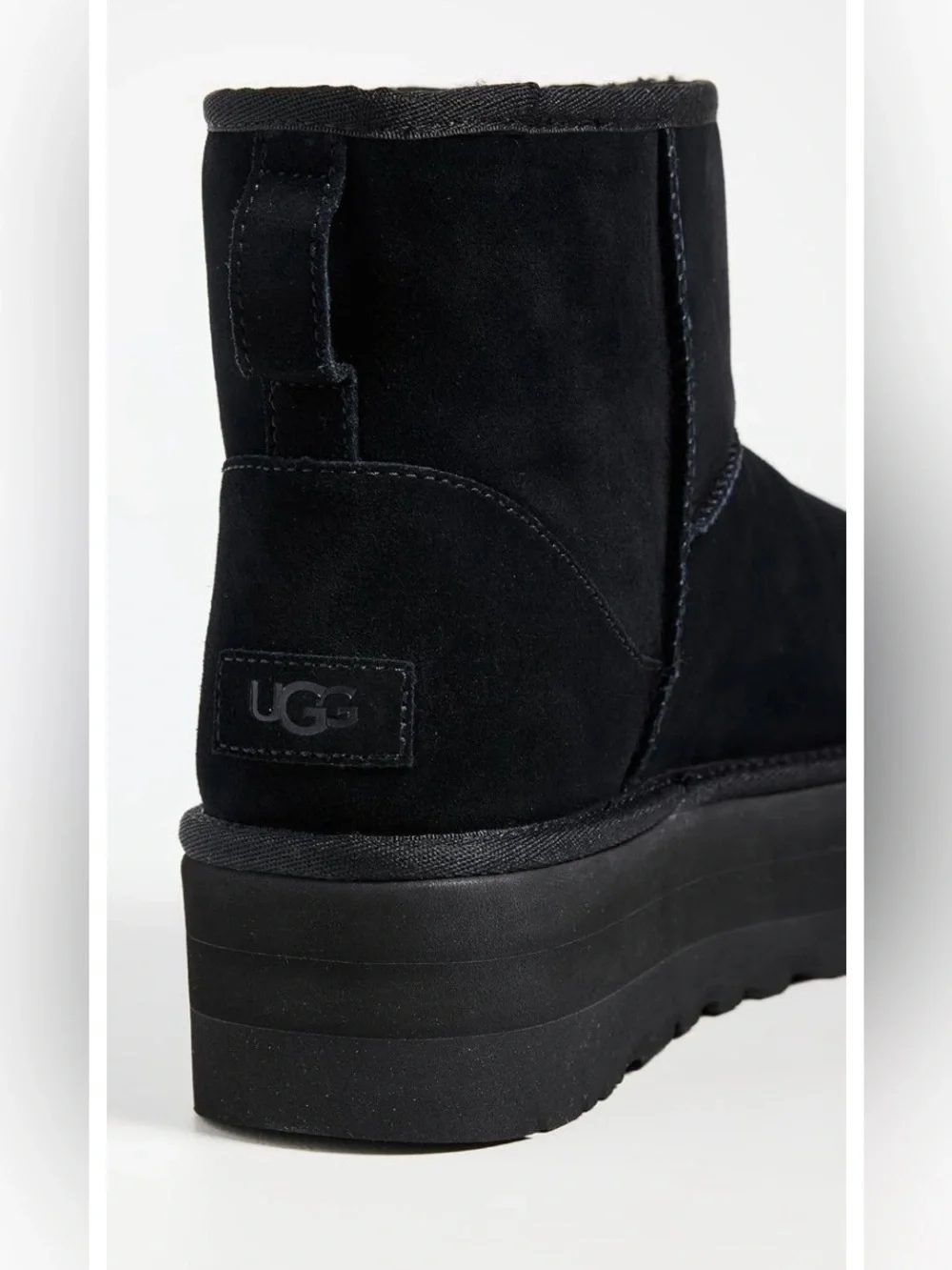 UGG Black Suede Platform Mini Shearling Winter Boots, size 9